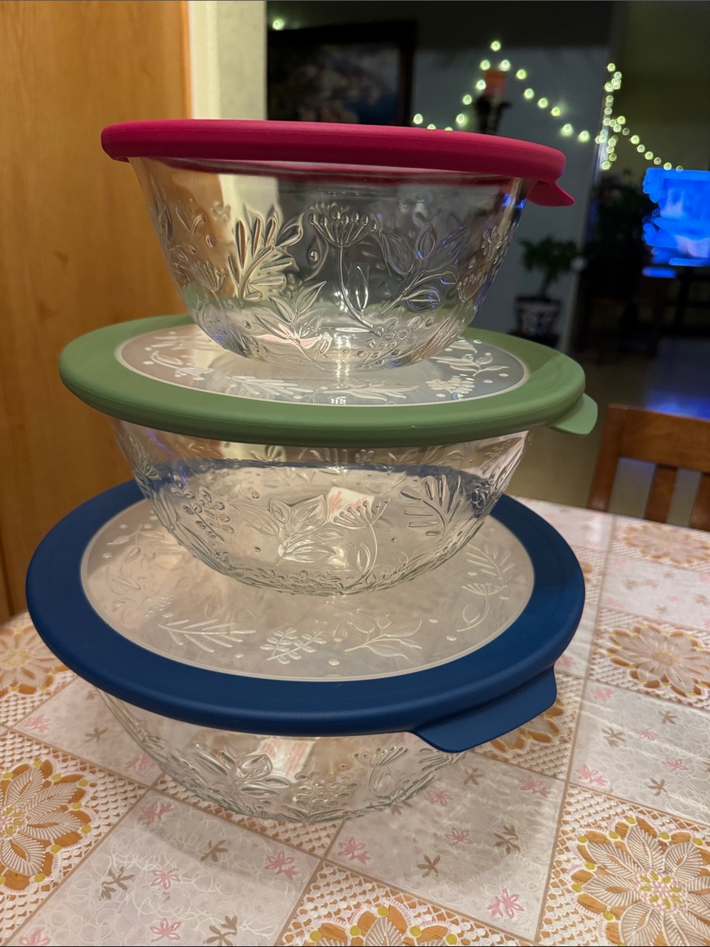 Princess House Embossed Glass Bowl Set with Pink, Green & Blue Silicone Lids